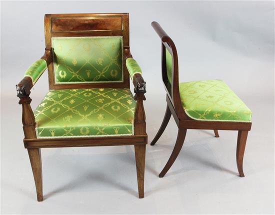 A set of fourteen Empire style brass inset mahogany dining chairs, carvers H.3ft single chairs H.2ft 11in.